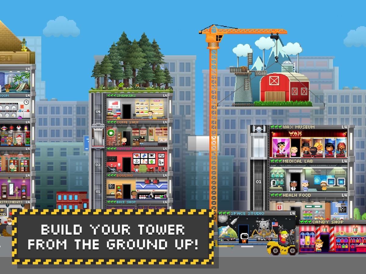 Cutaway pixel tower with shops, a crane, and a farm roof being lifted