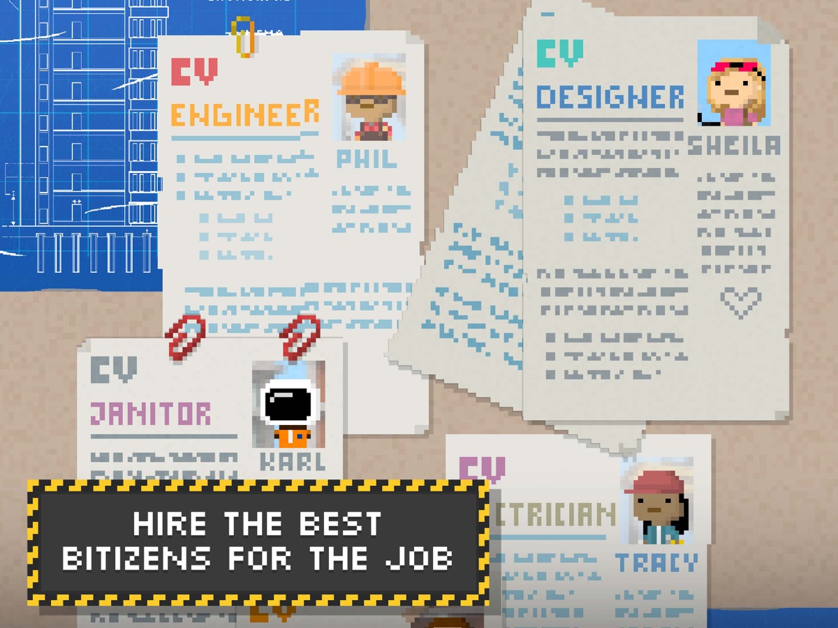 Pixel CVs for an engineer, a designer, a janitor, and an electrician pinned to a board