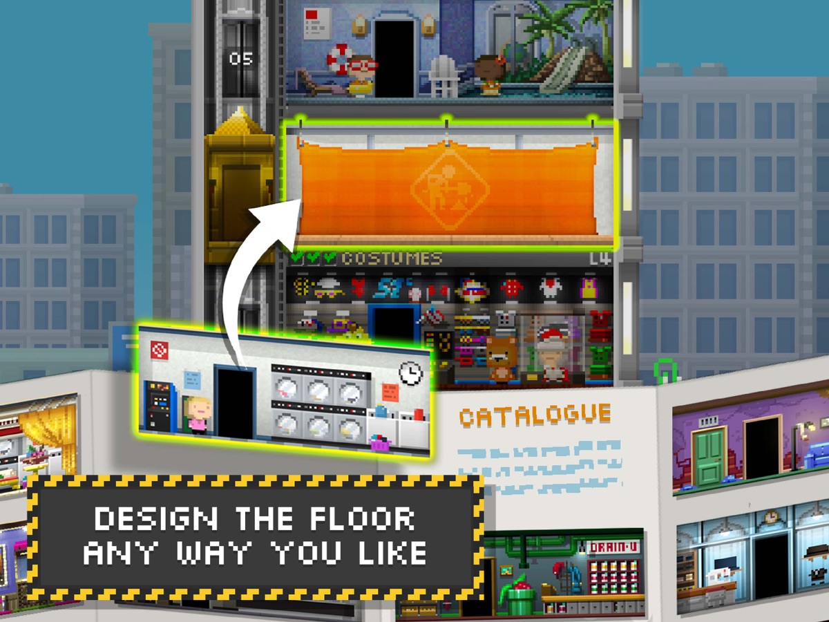 A costumes floor, a catalogue, and an inset of a furnished room